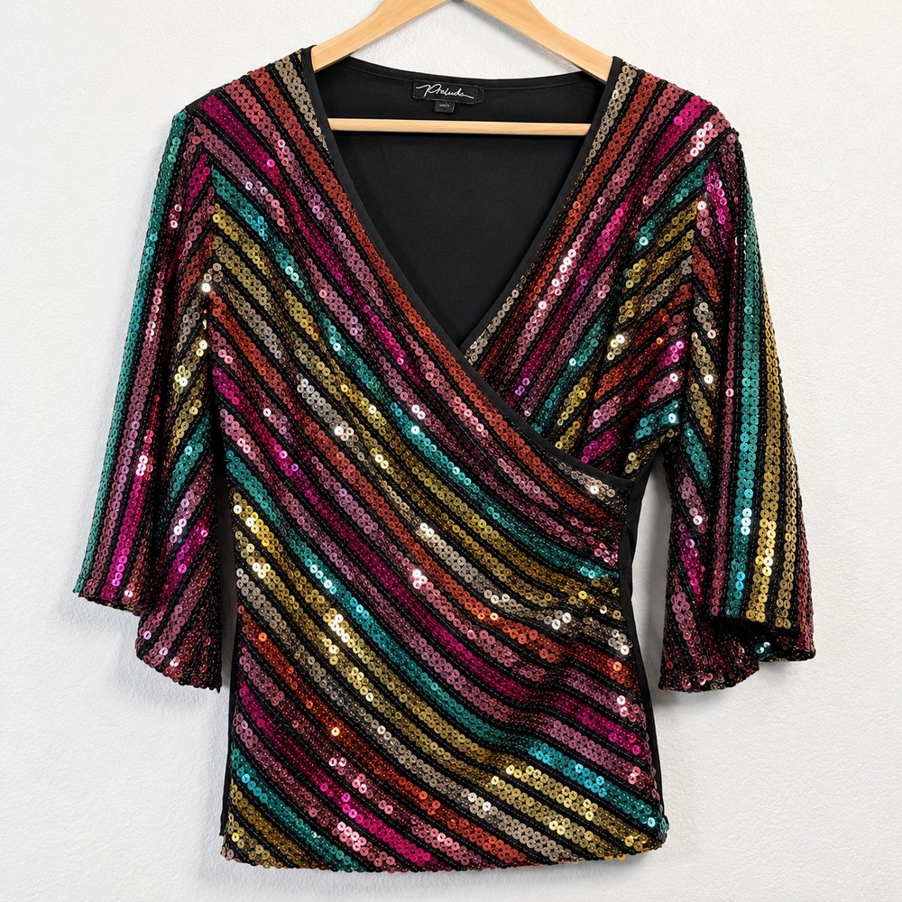 Prelude Sequin Faux Wrap Top Multi-Color Striped Womens M 3/4 Sleeve Sparkle